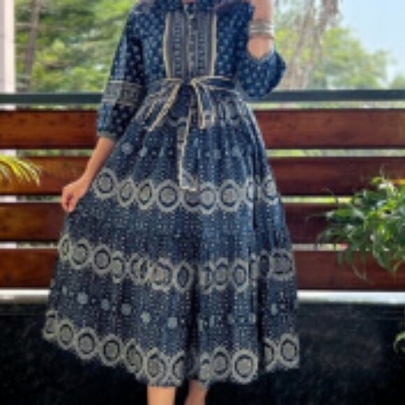Deep Blue Patterned Cotton Midi Dress with Removable Belt - Picture 1 of 3